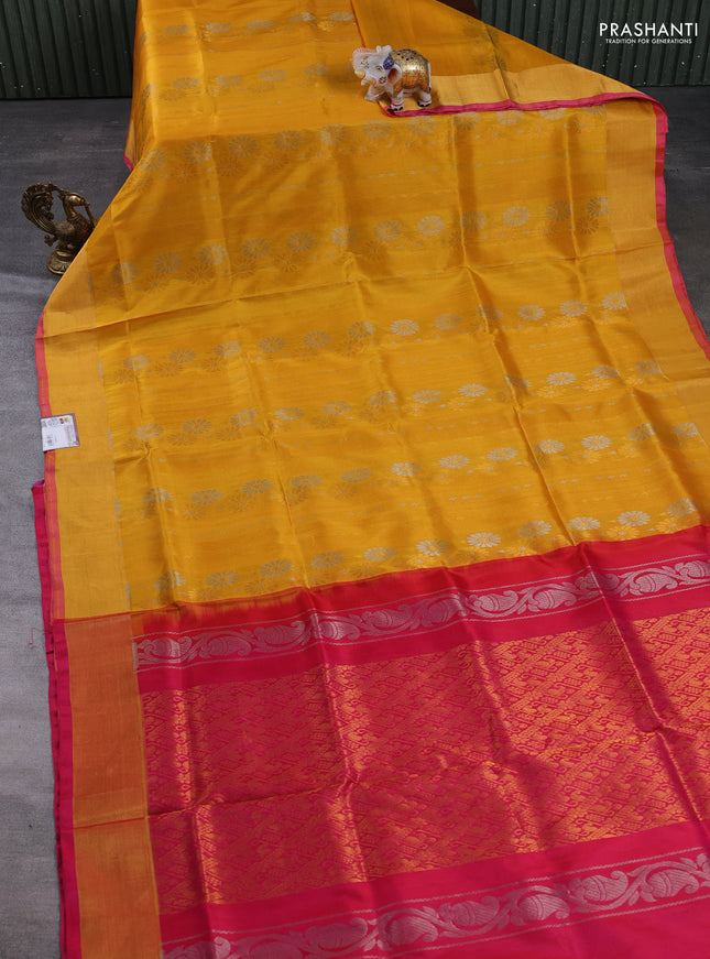 Pure uppada silk saree mustard yellow and pink with allover silver & gold zari woven buttas and zari woven border