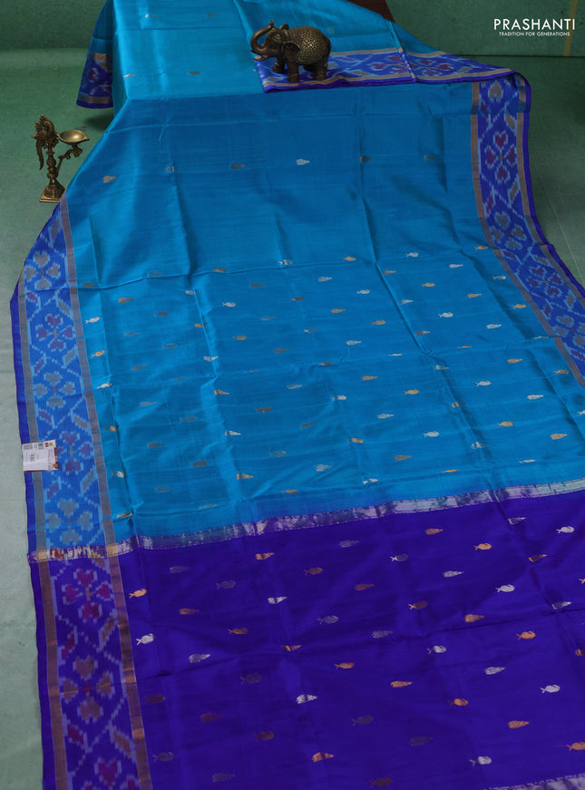 Pure uppada silk saree cs blue and blue with allover silver & gold zari woven buttas and rettapet ikat zari woven border