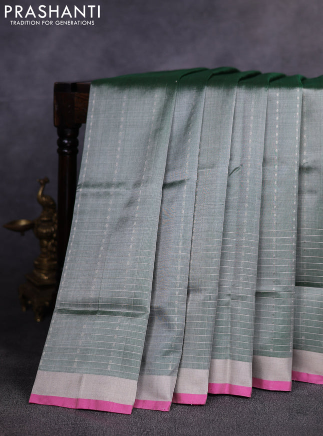 Pure uppada silk saree green shade and pink with allover silver zari woven buttas and long zari woven border