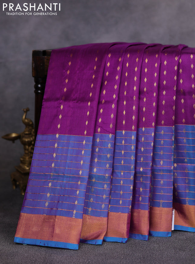 Pure uppada silk saree deep purple and dual shade of blue with allover zari weaves and long zari woven border
