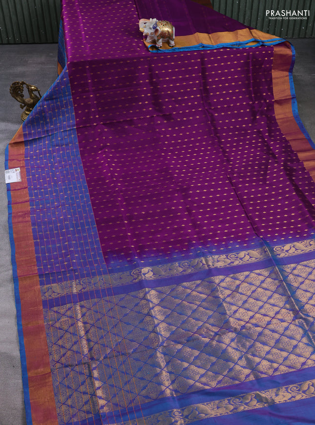 Pure uppada silk saree deep purple and dual shade of blue with allover zari weaves and long zari woven border