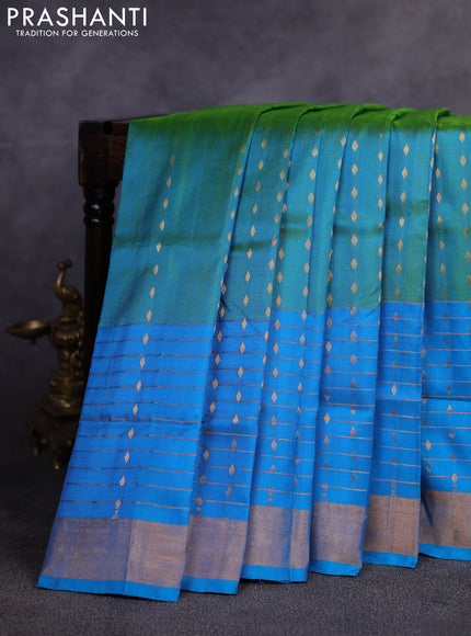 Pure uppada silk saree dual shade of greenish blue and cs blue with allover zari weaves and long zari woven border