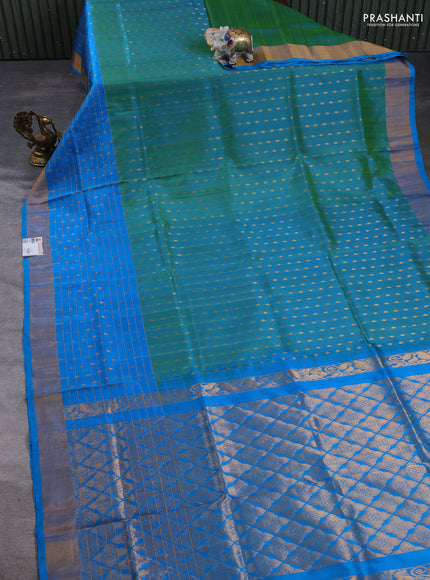 Pure uppada silk saree dual shade of greenish blue and cs blue with allover zari weaves and long zari woven border