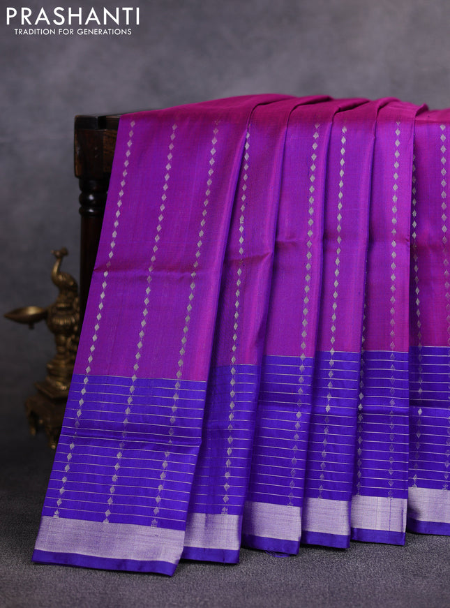 Pure uppada silk saree purple and violet with allover silver zari weaves and long silver zari woven border
