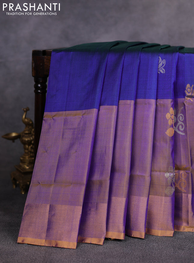 Pure uppada silk saree navy blue and dual shade of violet with allover silver & gold zari woven buttas and long zari woven butta border