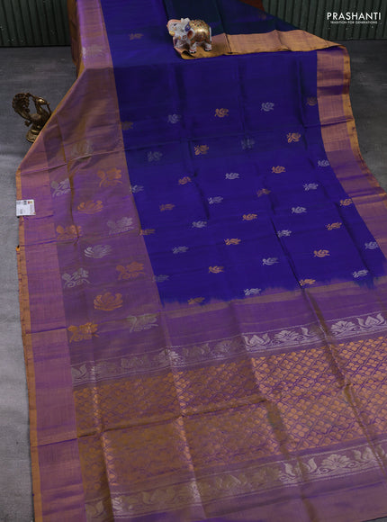 Pure uppada silk saree navy blue and dual shade of violet with allover silver & gold zari woven buttas and long zari woven butta border