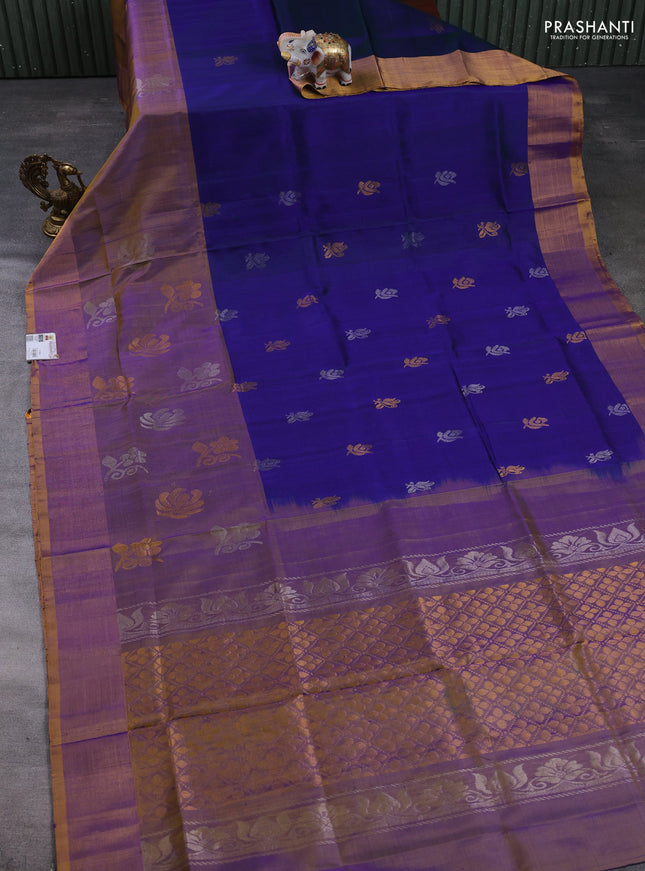 Pure uppada silk saree navy blue and dual shade of violet with allover silver & gold zari woven buttas and long zari woven butta border