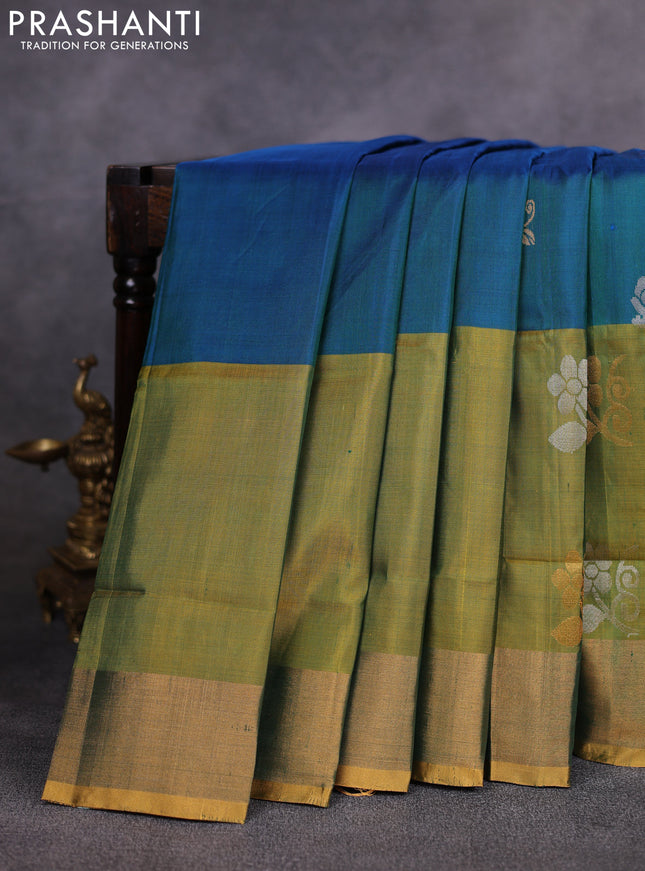 Pure uppada silk saree peacock green and light green with allover silver & gold zari woven buttas and long zari woven butta border