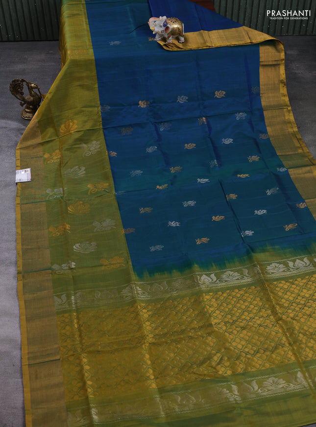 Pure uppada silk saree peacock green and light green with allover silver & gold zari woven buttas and long zari woven butta border