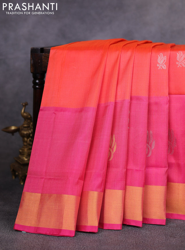 Pure uppada silk saree peach orange and pink with allover silver & gold zari woven buttas and long zari woven butta border
