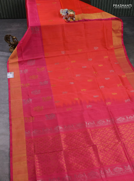 Pure uppada silk saree peach orange and pink with allover silver & gold zari woven buttas and long zari woven butta border