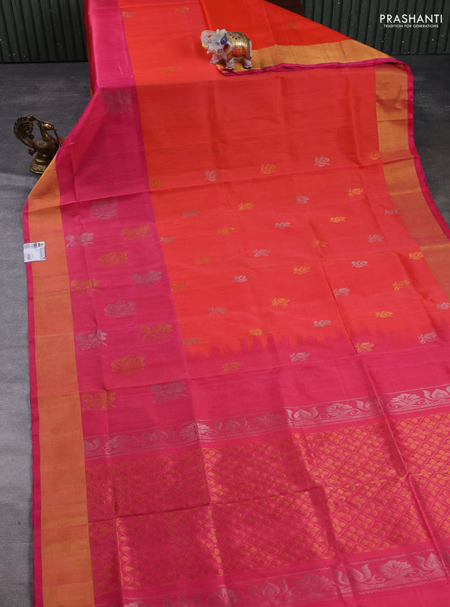 Pure uppada silk saree peach orange and pink with allover silver & gold zari woven buttas and long zari woven butta border