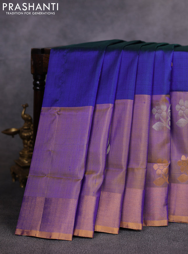 Pure uppada silk saree navy blue and dual shade of violet with allover silver & gold zari woven buttas and long zari woven butta border