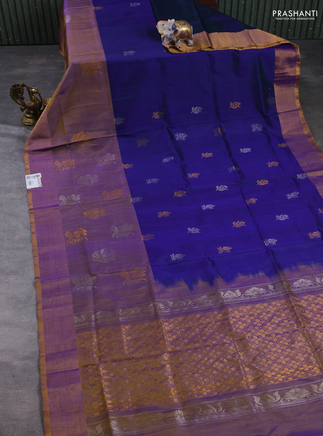 Pure uppada silk saree navy blue and dual shade of violet with allover silver & gold zari woven buttas and long zari woven butta border