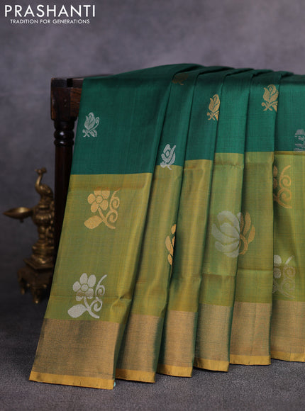 Pure uppada silk saree green and light green with allover silver & gold zari woven buttas and long zari woven butta border
