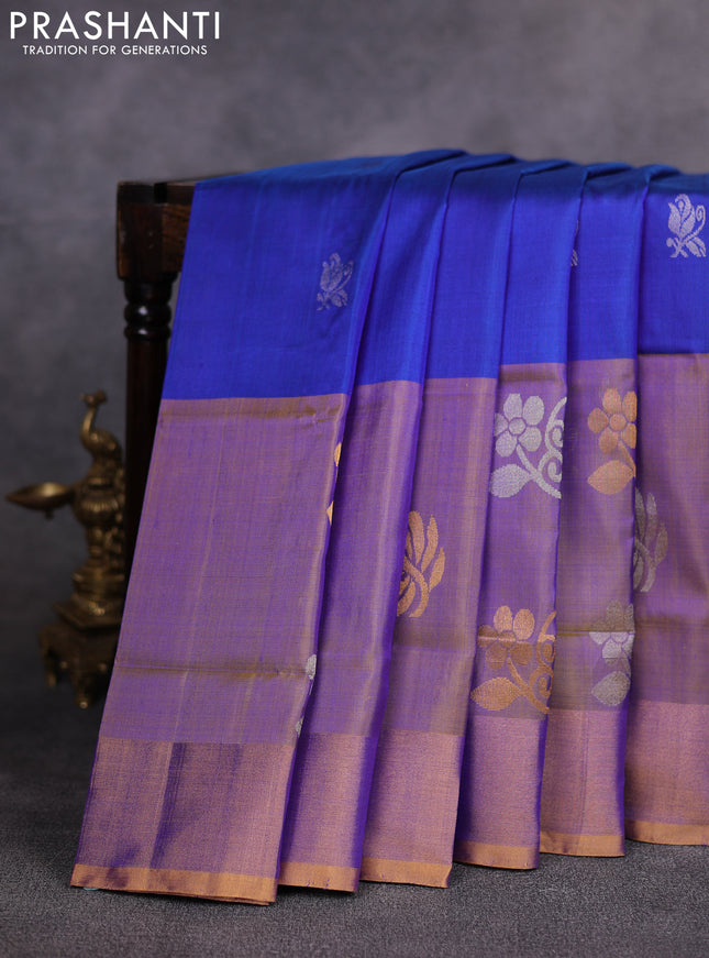 Pure uppada silk saree navy blue and dual shade of violet with allover silver & gold zari woven buttas and long zari woven butta border