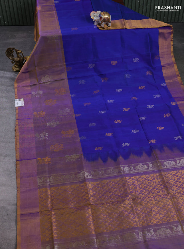 Pure uppada silk saree navy blue and dual shade of violet with allover silver & gold zari woven buttas and long zari woven butta border