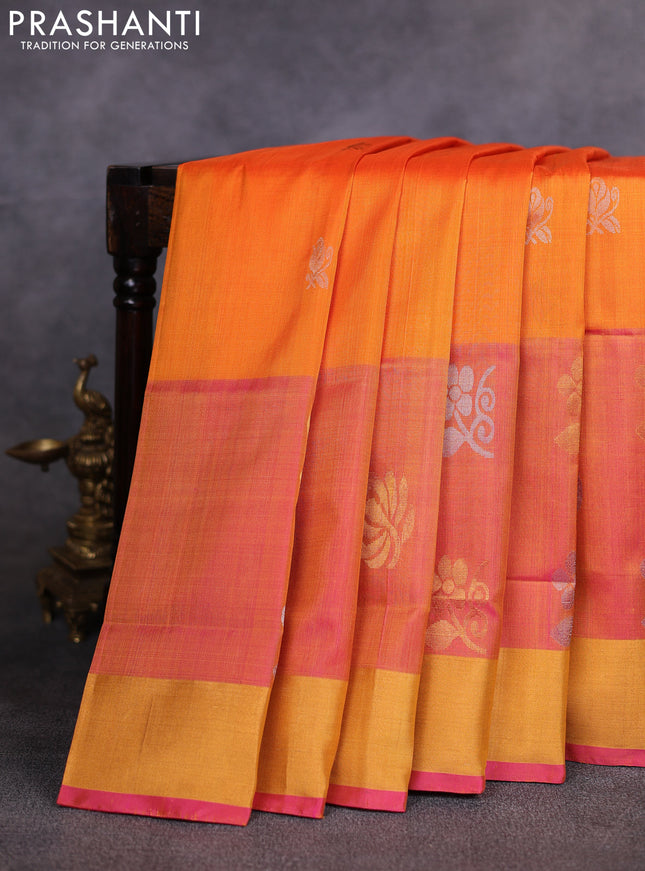 Pure uppada silk saree orange and dual shade of pink with allover silver & gold zari woven buttas and long zari woven butta border
