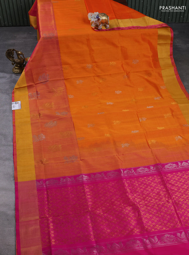 Pure uppada silk saree orange and dual shade of pink with allover silver & gold zari woven buttas and long zari woven butta border