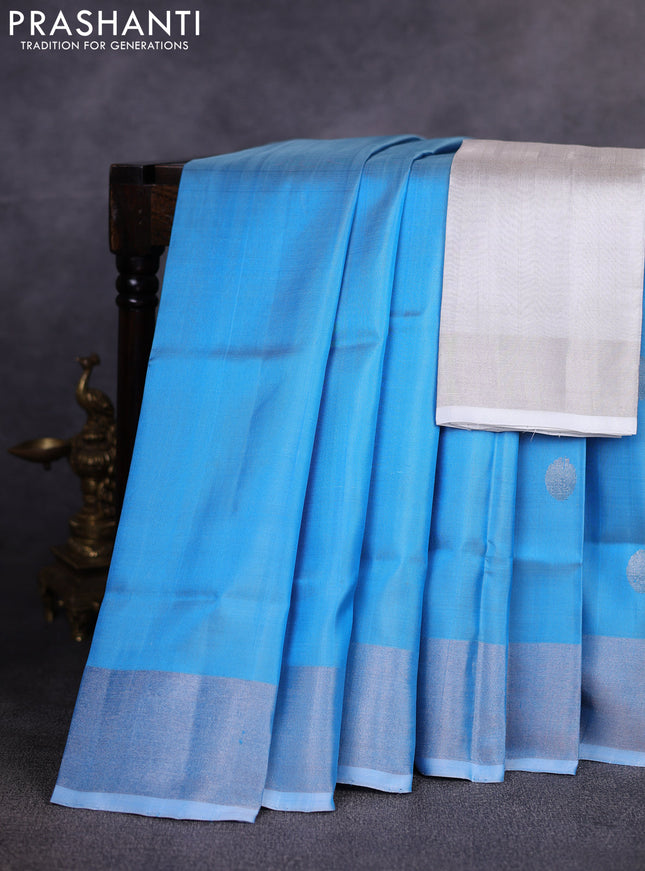 Pure uppada silk saree light blue with allover silver zari woven coin buttas and zari woven border