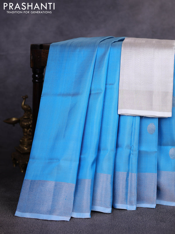 Pure uppada silk saree light blue with allover silver zari woven coin buttas and zari woven border