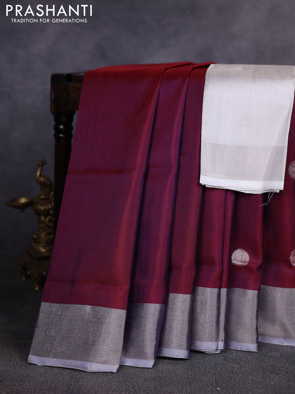Pure uppada silk saree dual shade of maroon with allover silver zari woven coin buttas and zari woven border