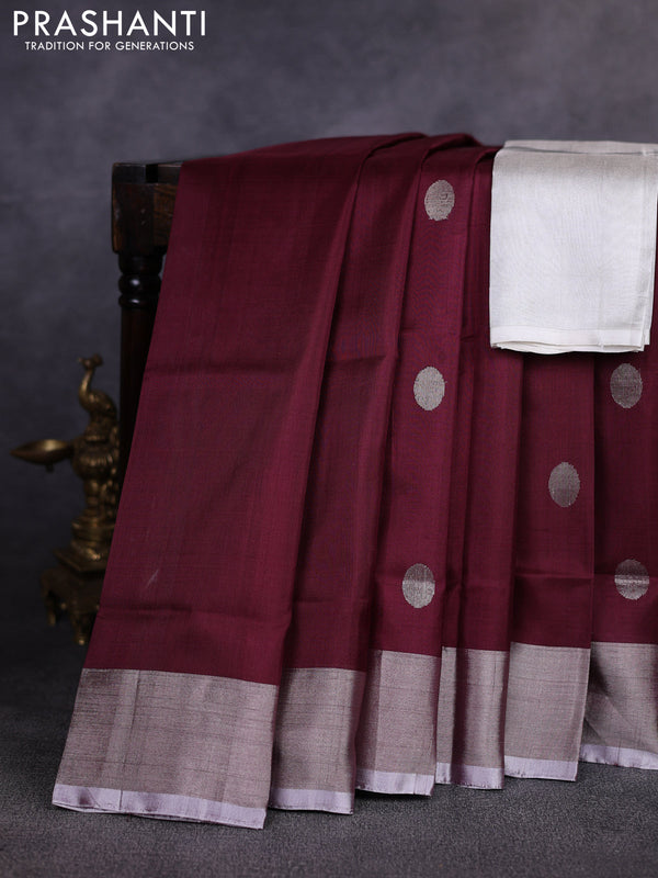 Pure uppada silk saree deep wine shade with allover silver zari woven coin buttas and zari woven border