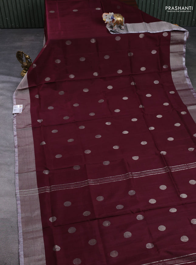 Pure uppada silk saree deep wine shade with allover silver zari woven coin buttas and zari woven border
