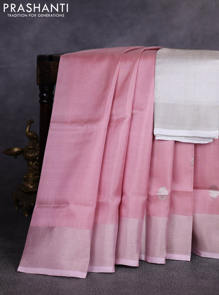 Pure uppada silk saree pastel pink with allover silver zari woven coin buttas and zari woven border