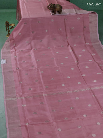 Pure uppada silk saree pastel pink with allover silver zari woven coin buttas and zari woven border