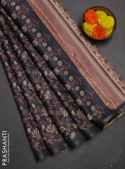 Semi tussar saree elephant grey with allover prints and zari woven piping border