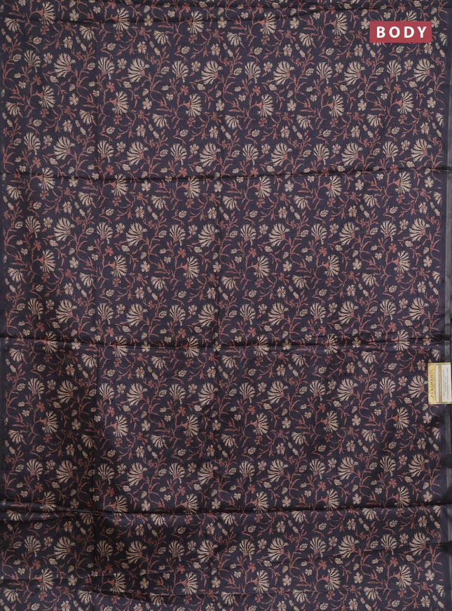 Semi tussar saree elephant grey with allover prints and zari woven piping border