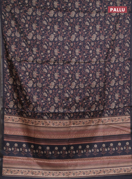 Semi tussar saree elephant grey with allover prints and zari woven piping border