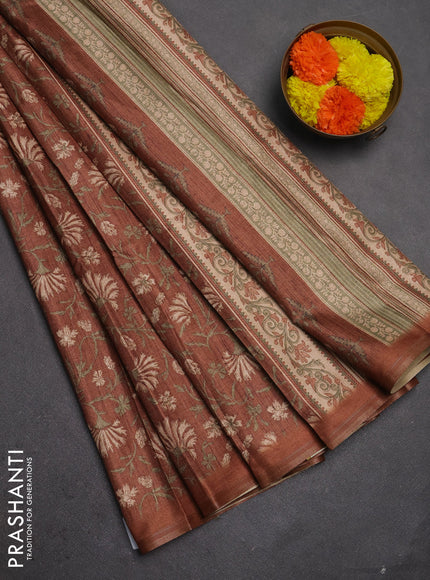 Semi tussar saree brown with allover prints and zari woven piping border