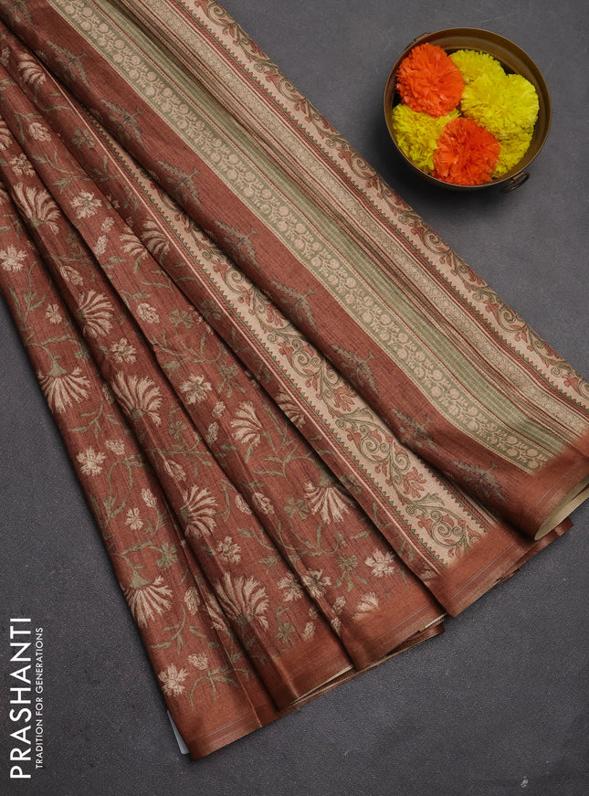 Semi tussar saree brown with allover prints and zari woven piping border