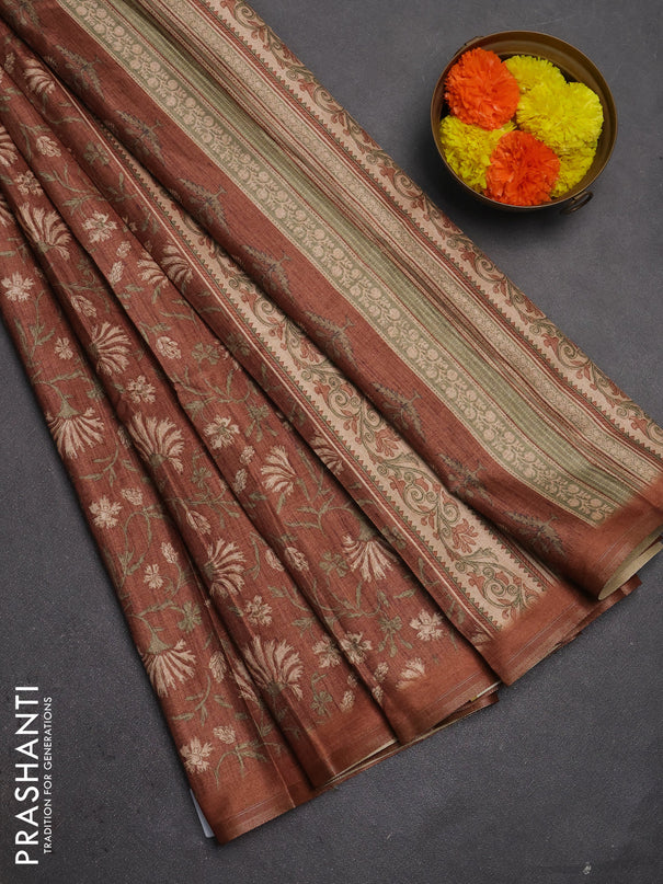 Semi tussar saree brown with allover prints and zari woven piping border