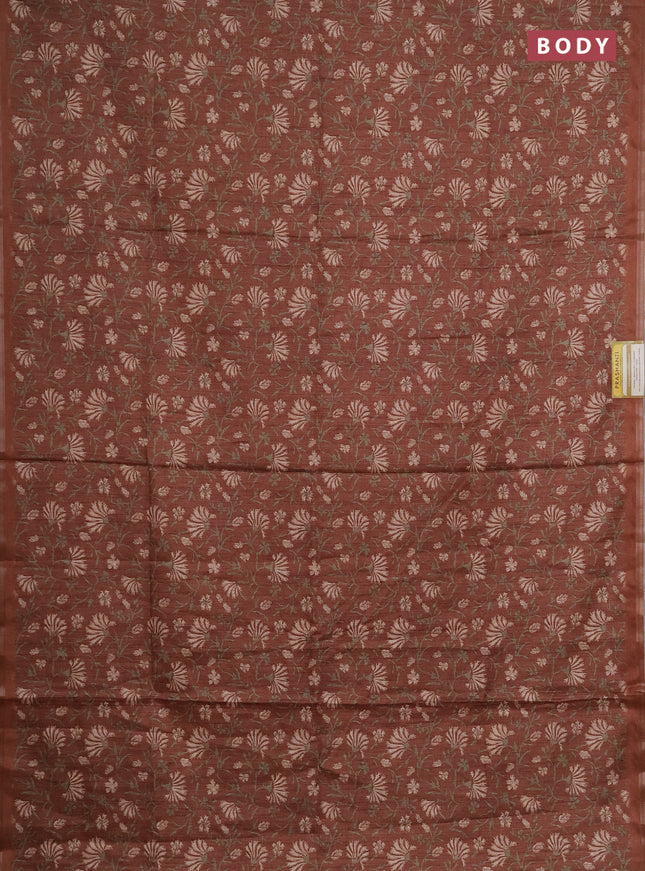 Semi tussar saree brown with allover prints and zari woven piping border