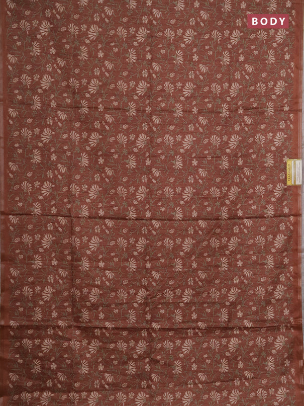 Semi tussar saree brown with allover prints and zari woven piping border