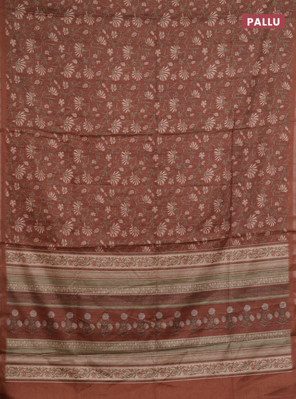 Semi tussar saree brown with allover prints and zari woven piping border