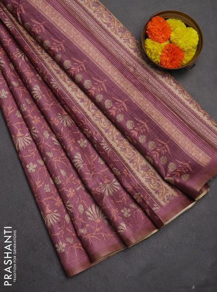 Semi tussar saree mauve pink with allover prints and zari woven piping border