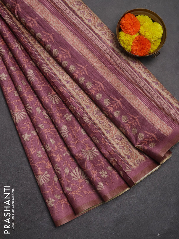 Semi tussar saree mauve pink with allover prints and zari woven piping border