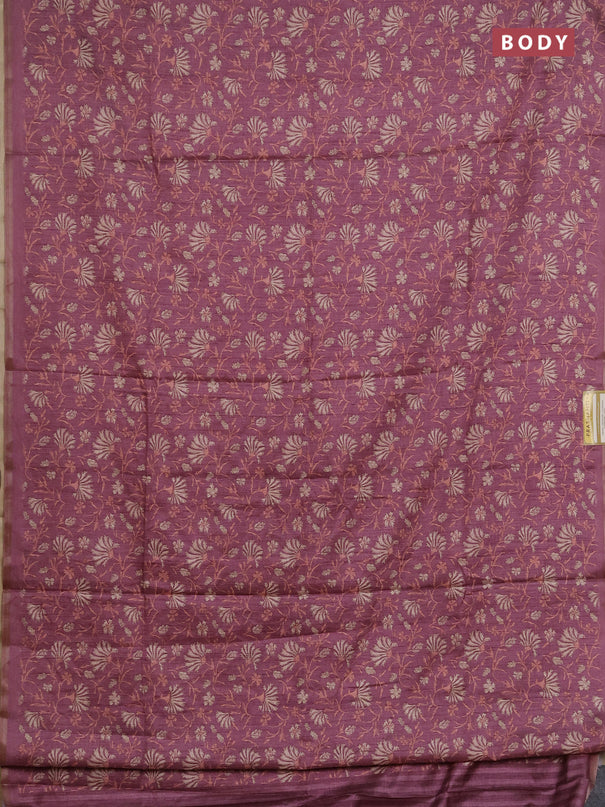 Semi tussar saree mauve pink with allover prints and zari woven piping border