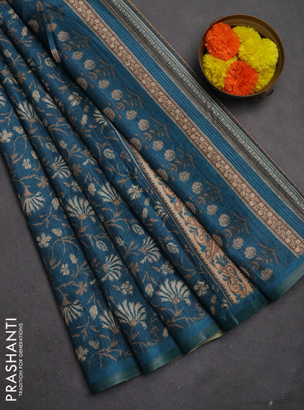 Semi tussar saree peacock green with allover prints and zari woven piping border
