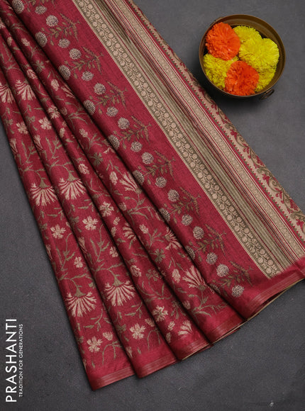 Semi tussar saree maroon with allover prints and zari woven piping border