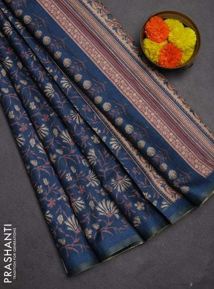 Semi tussar saree peacock blue with allover prints and zari woven piping border