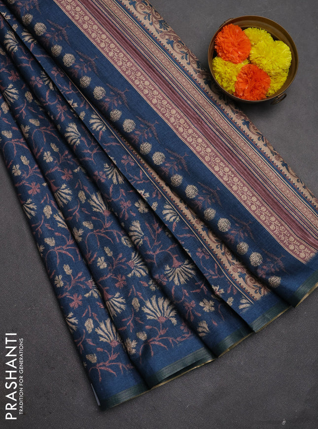 Semi tussar saree peacock blue with allover prints and zari woven piping border