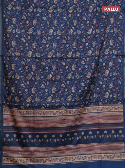Semi tussar saree peacock blue with allover prints and zari woven piping border