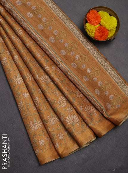 Semi tussar saree mustard yellow with allover prints and zari woven piping border