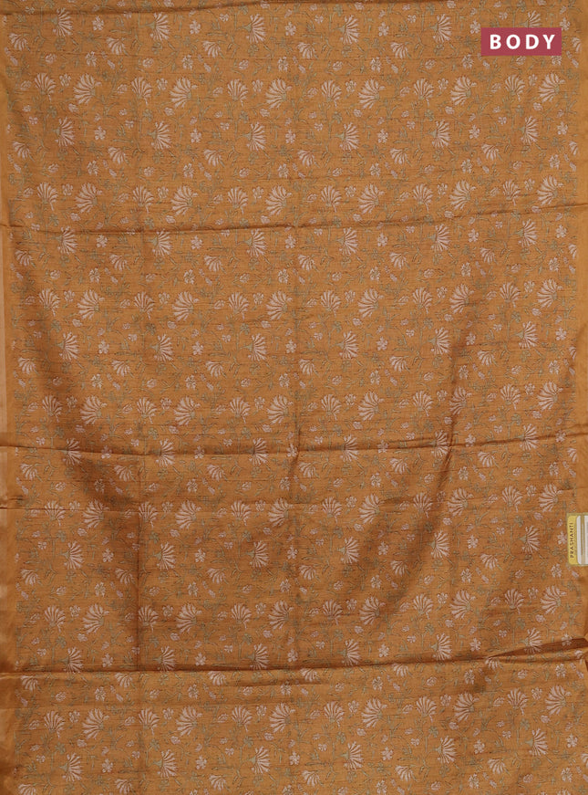 Semi tussar saree mustard yellow with allover prints and zari woven piping border