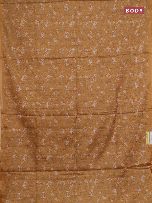 Semi tussar saree mustard yellow with allover prints and zari woven piping border